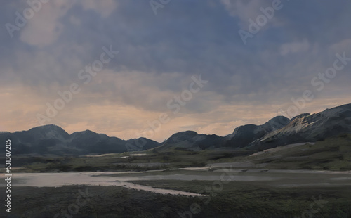 Fantastic Epic Magical Landscape of Mountains. Summer nature. Mystic Valley, tundra, forest. Gaming assets. Celtic Medieval RPG background. Rocks and grass. Beautiful sky and clouds. Lake and river 