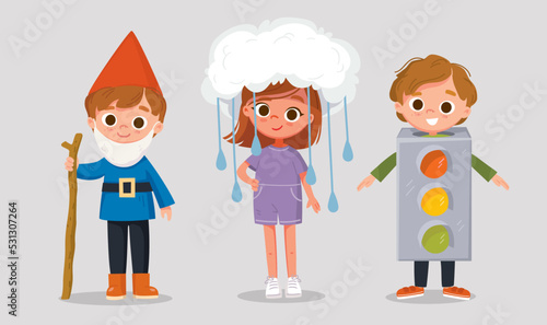 Small children dressed up in gnome, rain cloud costume,traffic lights costume for festival, standing in various poses. Vector illustration. New look for kids costume party. Dressing up for party