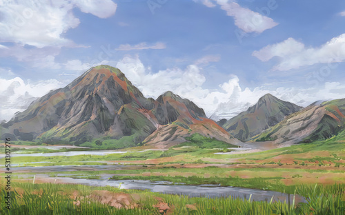 Fantastic Epic Magical Landscape of Mountains. Summer nature. Mystic Valley  tundra  forest. Gaming assets. Celtic Medieval RPG background. Rocks and grass. Beautiful sky and clouds. Lake and river 