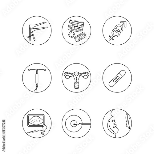 Pregnancy insemination contraception concept. Woman fertility icon set. Obstetrics signs collection.