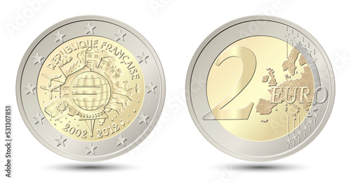 France. 2 Euro coin. 10 Years of the Euro, 2012. Reverse and obverse of France two euro coin. Vector illustration isolated on white background.