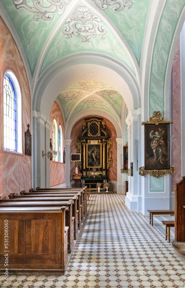 Interior of Our Lady of Dzikow Sanctuary and Dominican order monastery in town quarter of historic center of Tarnobrzeg in Poland