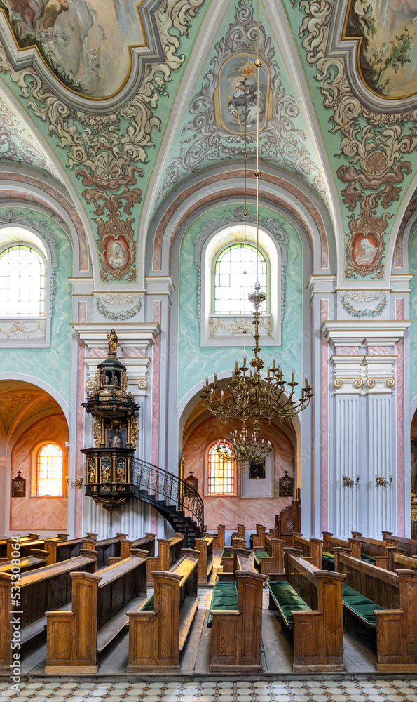 Interior of Our Lady of Dzikow Sanctuary and Dominican order monastery in town quarter of historic center of Tarnobrzeg in Poland