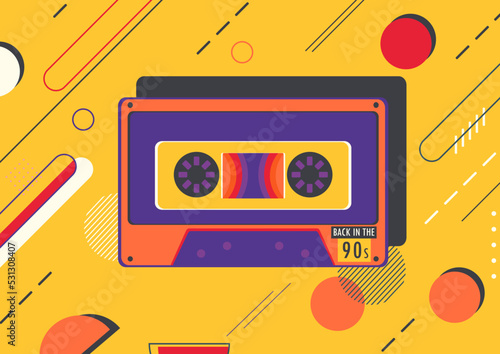 Colorful bright retro background with a retro cassette tape and an inscription back to the 90s.