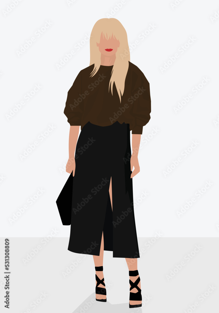 Vector flat image of a young blonde. Elegant girl in a sweater, midi ...