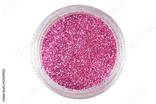 colored sequins in a plastic jar isolated on a white