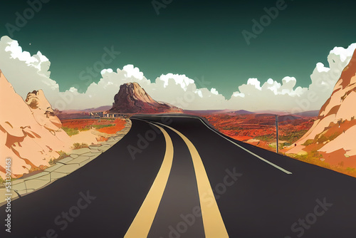 Beautiful mountain road to Al Baha from Jeddah anime style, cartoon style toon style photo