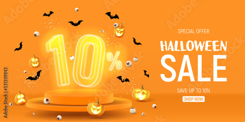 Halloween sale banner template. Vector illustration with soaring podium and neon numbers with amount of discount. Vector illustration. Ad background with 3d stage for Halloween sale.