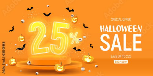 Halloween sale banner template. Vector illustration with soaring podium and neon numbers with amount of discount. Vector illustration. Ad background with 3d stage for Halloween sale.