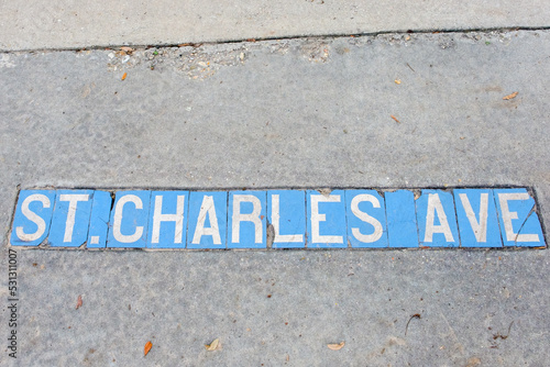 St. Charles Avenue Street Tile Inlay on Sidewalk in Uptown Neighborhood in New Orleans, Louisiana, USA