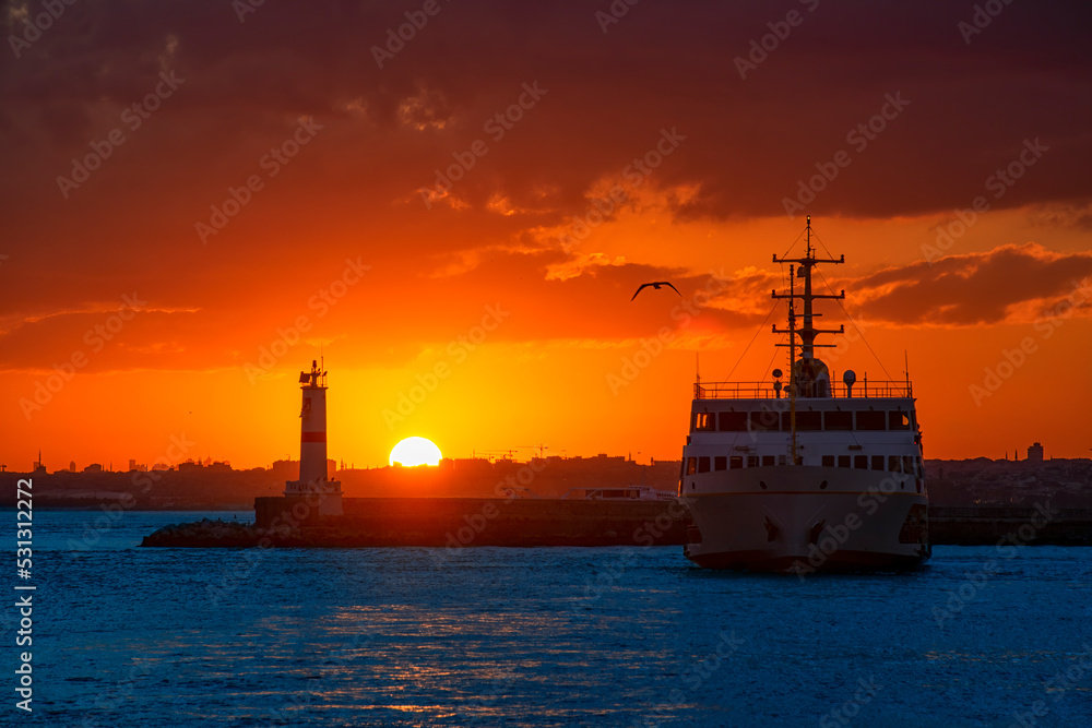 Passenger Ferry in the Bosphorus at sunset, Istanbul, Turkey