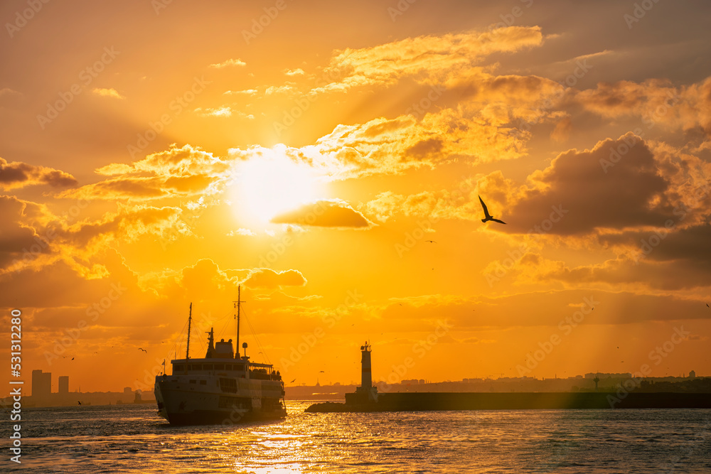 Obraz na plátně Passenger Ferry in the Bosphorus at sunset, Istanbul, Turkey