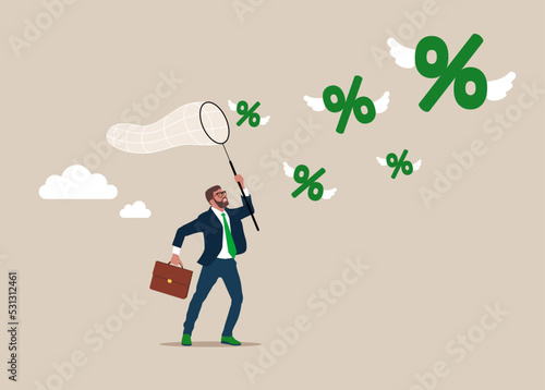 Businessman catching percents with butterfly net finance debt crisis concept. Flat vector Illustration.