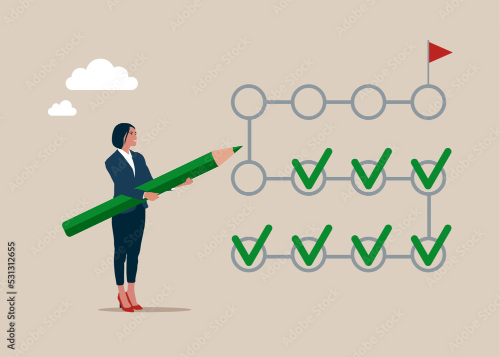Successful execution of business tasks at the office. Planner, work calendar. Businesswoman with big pencil and to do list. Vector illustration. Successful execution of business tasks at the office. Planner, work calendar. Businesswoman with big pencil and to do list. Vector illustration.