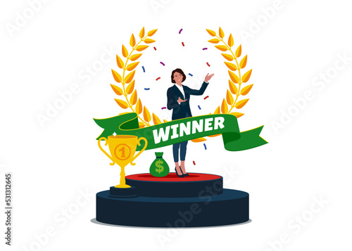 Woman holding award wreath with ribbon. Clerk or female manager best workers winning trophy. Vector illustration.