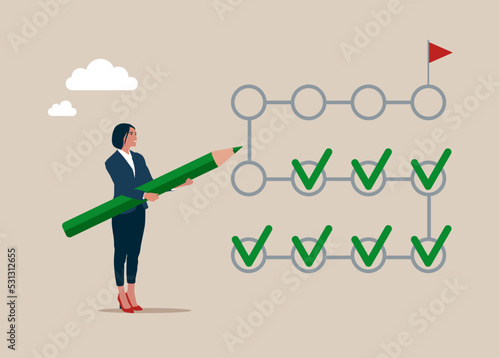Successful execution of business tasks at the office. Planner, work calendar. Businesswoman with big pencil and to do list. Vector illustration. 