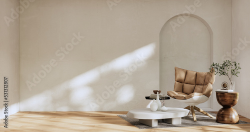 Fototapeta Naklejka Na Ścianę i Meble -  Armchair onEmpty room wabi sabi style. 3D illustration rendering.
