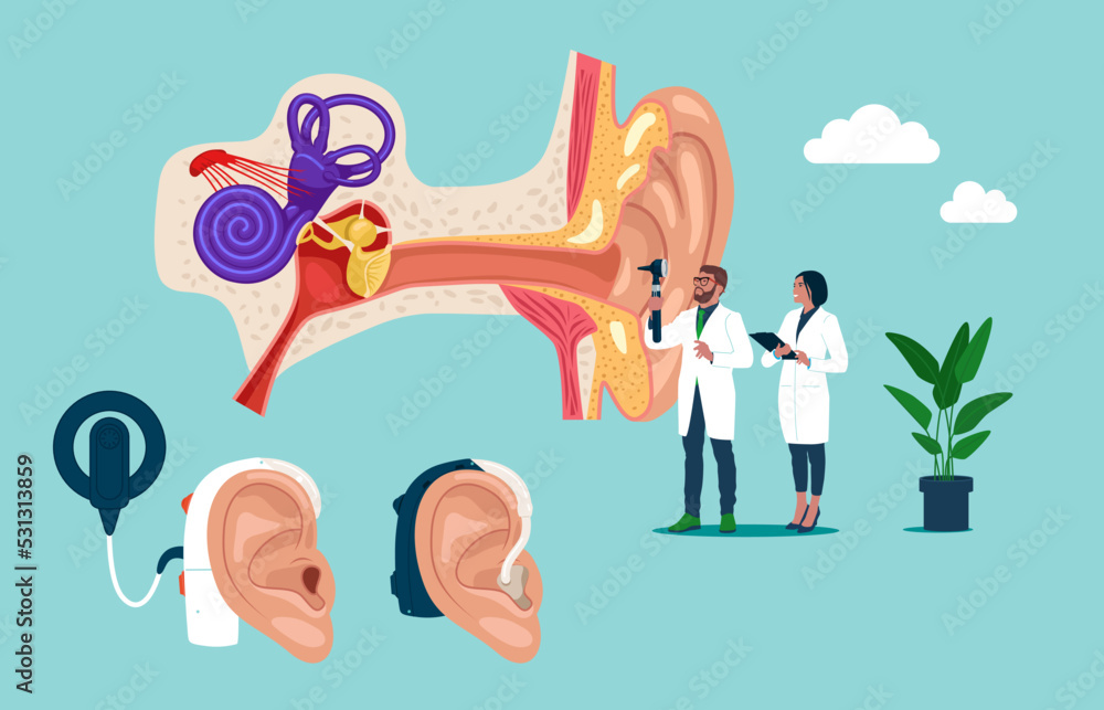 Vetor de Doctors Audiologist with Instrument Check Huge Sick Ear ...