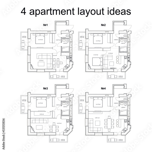 4 apartment layout ideas, vector blueprint