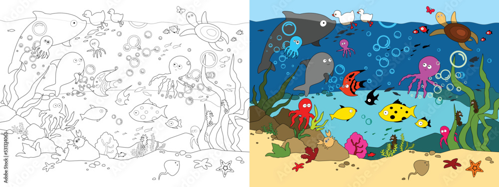 Vector bright cartoon illustration for a coloring book. Marine life.