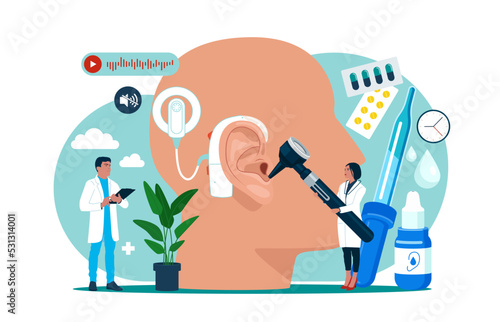 Doctors Check Health of Ear. Cochlear implant device electrically stimulates nerve medical aid ear sound wave adults hard middle exam. Modern methods of diagnostics and treatment.