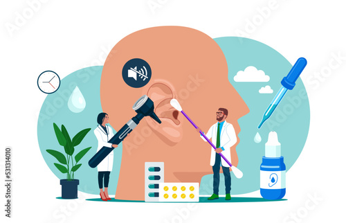 Doctors Check Health of Ear, Hearing organ. Deafness, Hearing Loss.  Medical examination, Test of Ears.  Flat vector illustration.