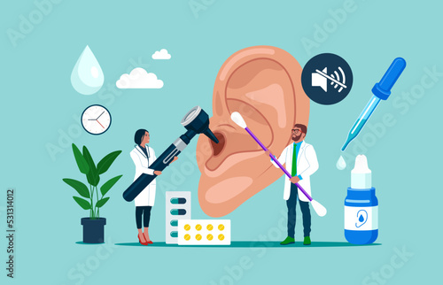 Doctors Check Health of Ear, Hearing organ. Deafness, Hearing Loss.  Medical examination, Test of Ears.  Flat vector illustration.