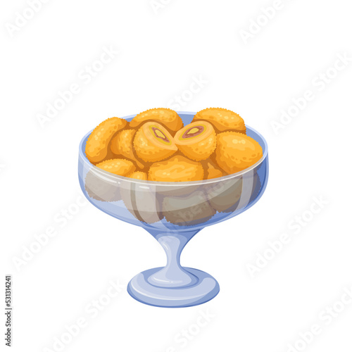 Olive ascolane, Italian food vector illustration. Cartoon isolated glass bowl of fried green olives stuffed with meat in bread crumbs, traditional appetizer at bars with aperitifs and dish from Italy