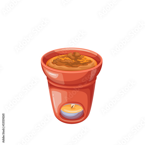 Bagna cauda, Italian food vector illustration. Cartoon isolated bowl with candle for making hot dish and gourmet dipping sauce from garlic and anchovy ingredients in traditional cuisine of Italy photo
