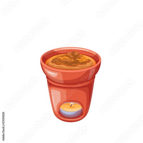 Bagna cauda, Italian food vector illustration. Cartoon isolated bowl with candle for making hot dish and gourmet dipping sauce from garlic and anchovy ingredients in traditional cuisine of Italy