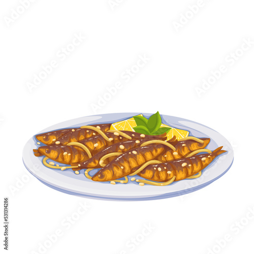 Sarde in saor, Italian food vector illustration. Cartoon isolated glass plate with fried marinated sardines, sour onions, pine nuts and raisins, dish of Venetian cuisine and fish snack from Italy