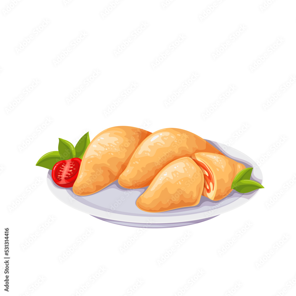 Panzerotti, Italian food vector illustration. Cartoon isolated glass plate with crispy fried panzerotto fritto, small pizza calzone with tomato sauce and mozzarella, appetizer snack from Italy