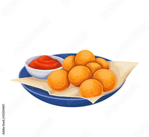 Arancini, Italian food vector illustration. Cartoon isolated glass plate with deep fried rice balls and tomato sauce, portion of crispy arancini stuffed with cheese or meat, appetizer from Italy
