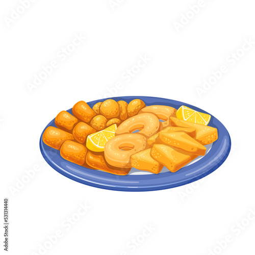 Fritto misto, Italian food vector illustration. Cartoon isolated glass plate with small slices and pieces of meat, seafood or vegetables coated with batter and deep fried in pan, snack dish from Italy