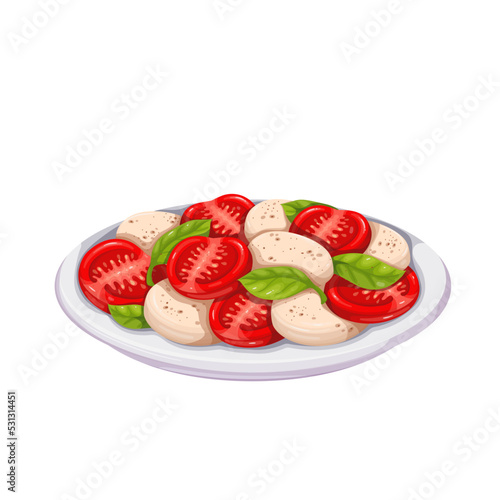 Caprese salad, Italian food vector illustration. Cartoon glass plate with slices of fresh mozzarella cheese, tomatoes, green basil and olive oil seasoning, isolated gourmet salad dish from Italy