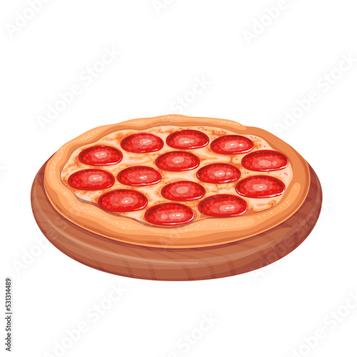 Pizza, Italian food vector illustration. Cartoon isolated wooden board with one whole round pizza, tomatoes, mozzarella cheese and pepperoni circles on top of baked dough, fastfood from Italy