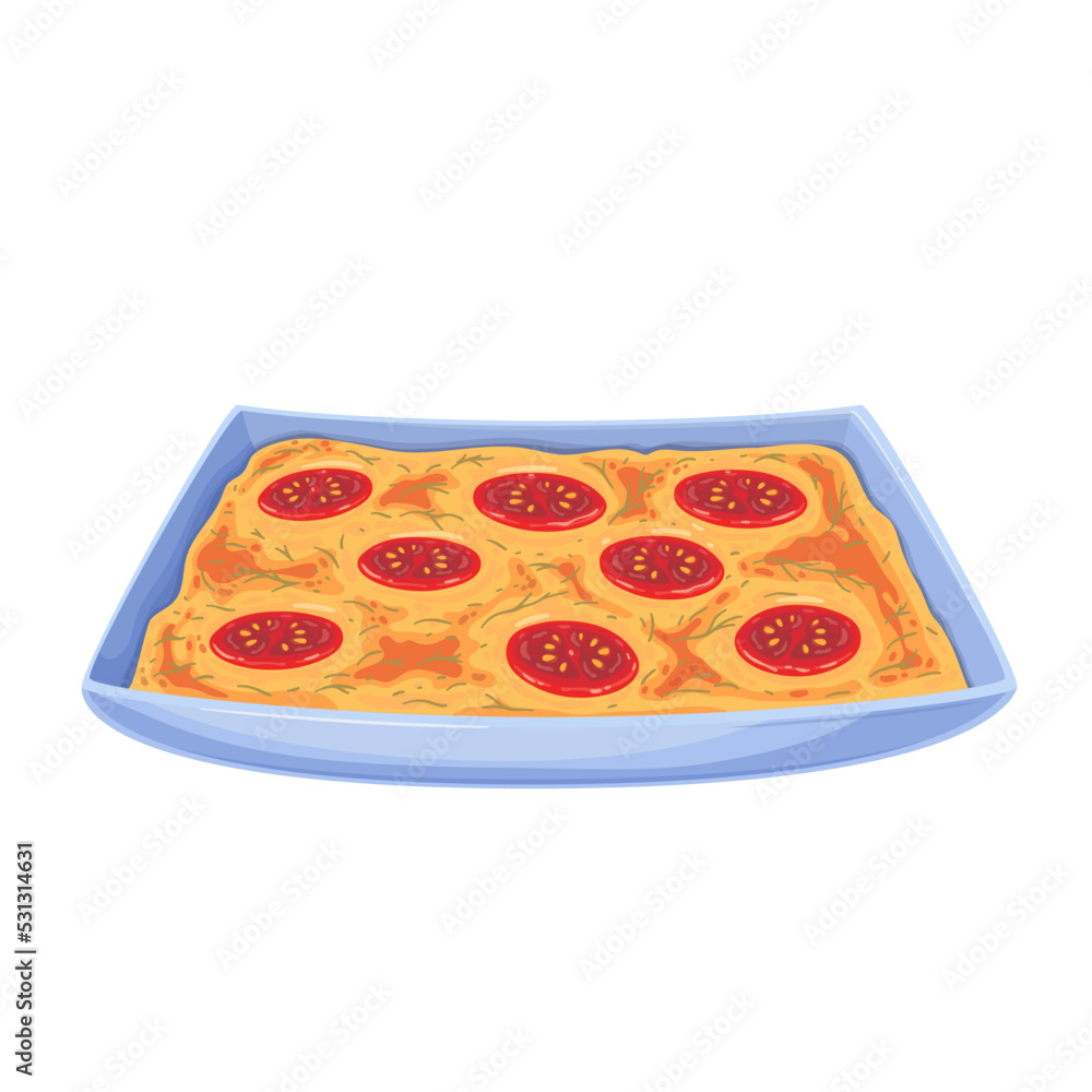 Focaccia, Italian food vector illustration. Cartoon isolated plate with homemade baked bread filled tomato, olives, herbs and cheese, focaccia snack and recipe of traditional appetizer from Italy Focaccia, Italian food vector illustration. Cartoon isolated plate with homemade baked bread filled tomato, olives, herbs and cheese, focaccia snack and recipe of traditional appetizer from Italy
