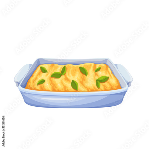 Polenta, Italian dish vector illustration. Cartoon isolated tray with delicious hot creamy porridge and basil leaf, bowl with cornmeal cooked with parmesan cheese and butter, gourmet meal from Italy