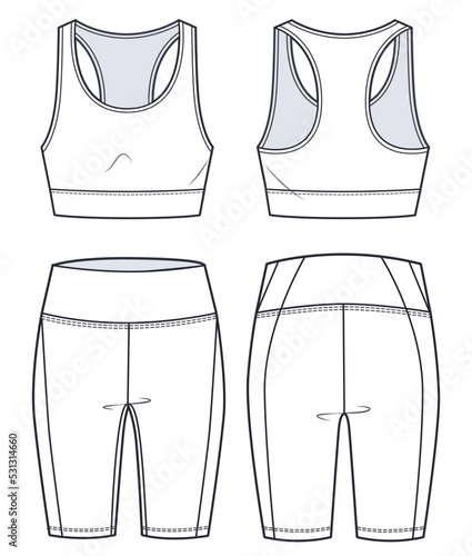 Set of Women's Tank Top and Short Leggings fashion flat  technical drawing template.  Cycling Shorts, Crop Tank Top technical fashion Illustration, front and back view, white, unisex CAD mockup set.