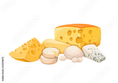 Italian cheese, dairy food products set vector illustration. Cartoon isolated formaggio gourmet collection with traditional hard and soft cheese slices and pieces, delicatessen snack from Italy