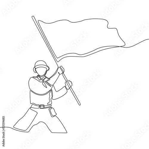continuous single line drawing of a soldier waving the flag on independence day