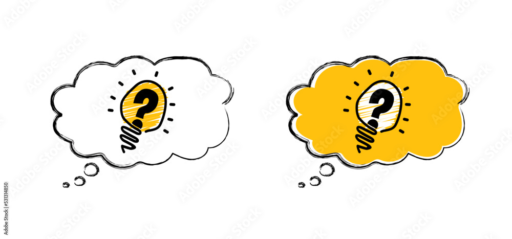 Cartoon brain electric lamp idea with question mark. FAQ, business loading concept. Vector light bulb icon or sign ideas. Brilliant lightbulb education or invention pictogram. Cartoon brain electric lamp idea with question mark. FAQ, business loading concept. Vector light bulb icon or sign ideas. Brilliant lightbulb education or invention pictogram.
