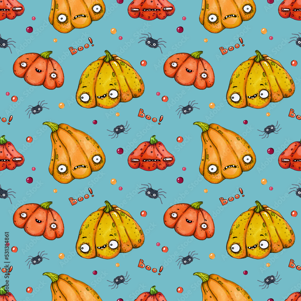 seamless marker pattern with cartoon pumpkins and spiders on a colored background. seamless marker pattern with cartoon pumpkins and spiders on a colored background.
