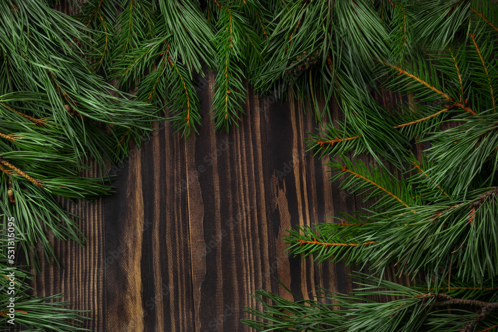 branches of spruce and pine on a wooden brown background with a place for the text mockup, the concept of the new year branches of spruce and pine on a wooden brown background with a place for the text mockup, the concept of the new year