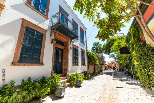 CUNDA ISLAND (Alibey Island). Historical old Greek style colorful houses of Cunda. Ayvalik, Balikesir, Turkey.