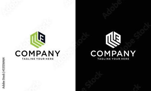 letter mf logo hexagon shape with letters in vector format. on a black and white background.
