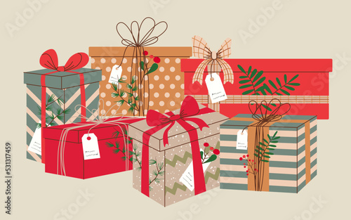 Pile of Christmas presents in wrapping paper with ribbon and bows. Stack of different presents for Christmas holiday. Variety of  giftboxes with tags. Flat vector illustration isolated on background.