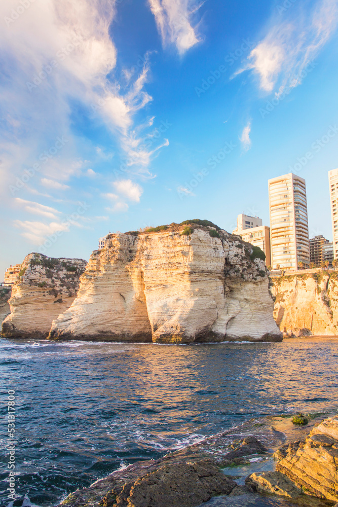 Fototapeta premium Beautiful view of the Pigeon Rocks on the promenade in the center of Beirut, Lebanon