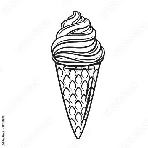 Soft serve ice cream in waffle cone, outline icon vector illustration. Hand drawn line summer dessert with vanilla flavor, swirl of milk sundae or frozen yogurt, sweet creamy food product for kids