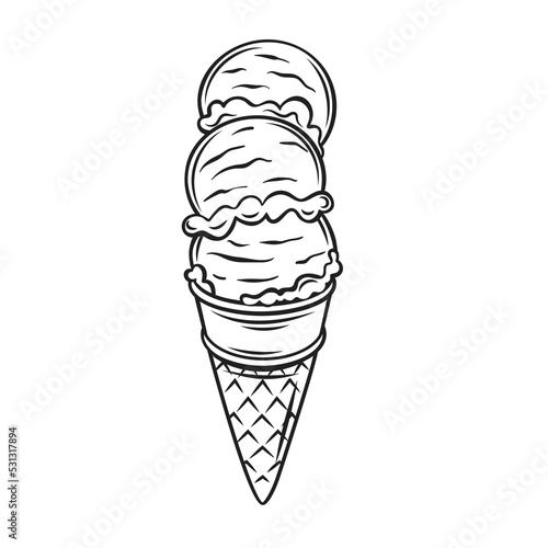 Ice cream in waffle cone outline icon vector illustration. Hand drawn line frozen summer food and sweet soft vanilla dessert serve in wafer cup, creamy tasty gelato or sundae balls to eat summertime